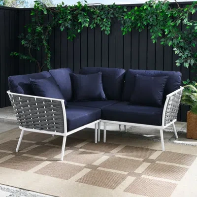 Modway Stance Outdoor Patio Woven Rope Aluminum Small Sectional Sofa In Navy