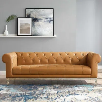 Modway Strick & Bolton Monaghan Button-tufted Leather Sofa In Tan Genuine Leather