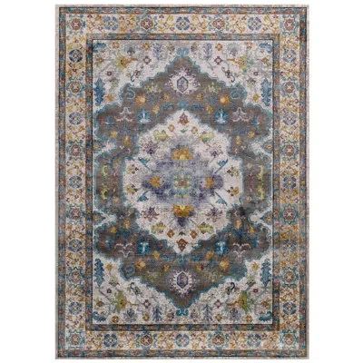 Modway Success Anisah Distressed Floral Vintage 5x8 Area Rug In Gray, Ivory, Yellow, Orange In Yellow;ivory;orange;gray