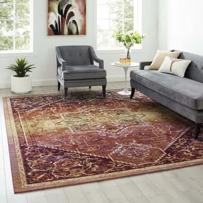 Modway Success Kaede Transitional Distressed Vintage Floral Persian Medallion Area Rug In Multicolored In Red