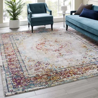 Modway Success Merritt Transitional Distressed Vintage Floral Persian Medallion Area Rug In Multicolored In Gray