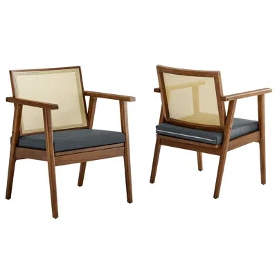 Modway Thera Vegan Leather And Cane Accent Armchairs Set Of 2 In Brown