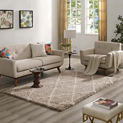 Modway Toryn Diamond Lattice Shag Area Rug In Beige;beige & Ivory