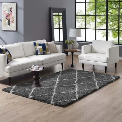 Modway Toryn Diamond Lattice Shag Area Rug In Dark Gray & Ivory