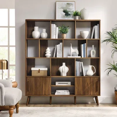 Modway Transmit 59" Bookcase With Sliding Doors In Walnut In Brown