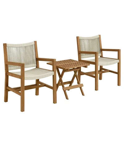 Modway Vienna 3-piece Outdoor Patio Teak And Rope Armchairs With Folding Side Table In Brown
