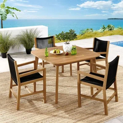 Modway Vienna 5-piece Outdoor Patio Teak And Rope Dining Set With Armchairs In Natural In Black