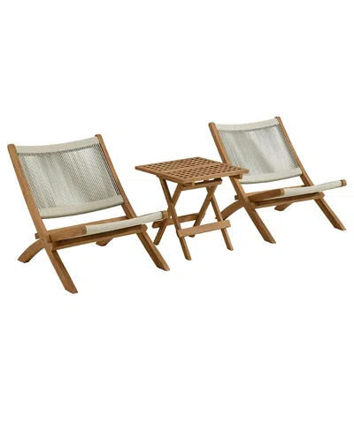 Modway Vienna Outdoor Patio Teak And Rope Folding Lounge Chairs And Side Table, Set Of 3 In Brown