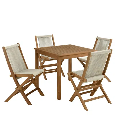 Modway Vienna Outdoor Patio Teak Wood Dining Set With Rope Folding Chairs, Set Of 5 In Brown