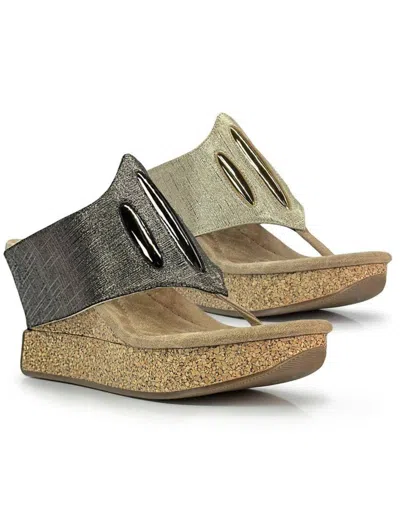 Modzori Women's Elva Wedge Sandal In Shimmering Pewter Flips To Gold In Multi