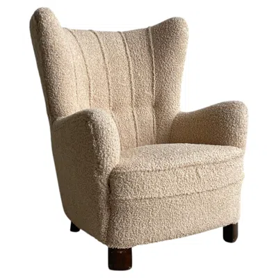 Pre-owned Mogens Lassen Danish Mid-century Modern Wingback Lounge Chair In Sand Bouclé, 1950s In Brown