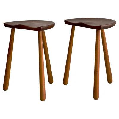 Pre-owned Mogens Lassen Pair 1940s Danish Cabinetmaker Stools Carved Teak Seats And Club Shaped Oak Legs In Brown