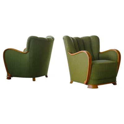 Pre-owned Mogens Lassen Pair Of Danish 1940-50s Lounge Chairs With Carved Armrests In Oak In Brown