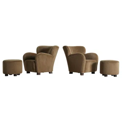 Pre-owned Mogens Lassen Pair Of Lounge Chairs / Armchairs And Ottomans, Upholstered In Pure Alpaca In Brown