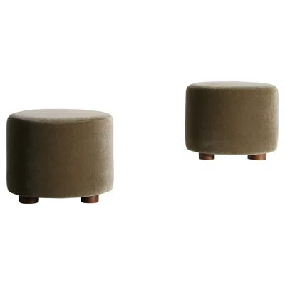 Pre-owned Mogens Lassen Pair Of Low Round Ottomans / Footstools In Moss Green Pure Mohair