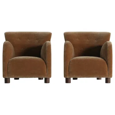 Pre-owned Mogens Lassen Pair Of Round Arm Lounge Chairs, Newly Upholstered In Pure Mohair In Brown