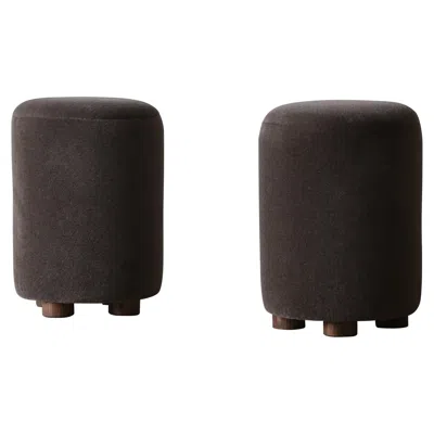 Pre-owned Mogens Lassen Pair Of Round Ottomans / Footstools In Pure Alpaca In Brown
