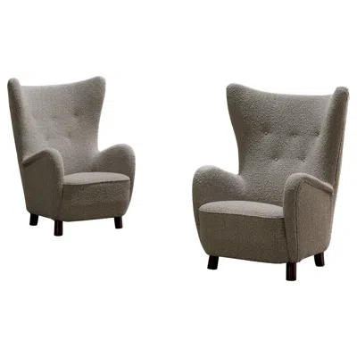 Pre-owned Mogens Lassen Vintage  Wingback Chairs From Denmark, Boucle Fabric, 1950s In Brown