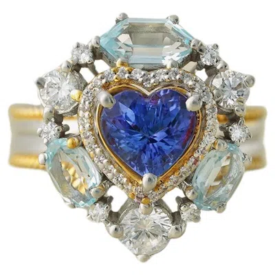 Pre-owned Moi Amalfi Gold Diamond Tanzanite And Blue Topaz Cocktail Ring