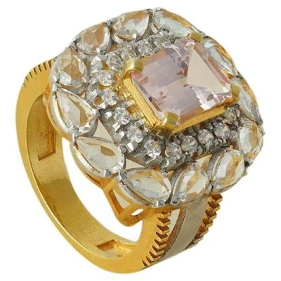 Pre-owned Moi Ariana Gold Diamond Morganite And White Sapphire Cocktail Ring