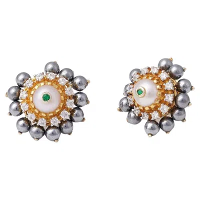 Pre-owned Moi Audrey Gold Diamond Pearl Terahertz Ear Studs In Multi