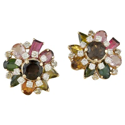 Pre-owned Moi Autumn Gold Diamond And Colorful Gemstone Stud Earrings In Multi