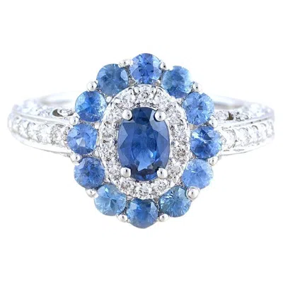 Pre-owned Moi Azure Gold Diamond And Halo Sapphire Engagement Ring In Blue