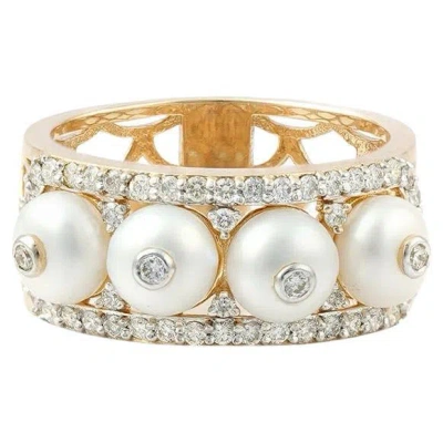 Pre-owned Moi Chicago Gold Diamond And Pearl Band Ring In Multi