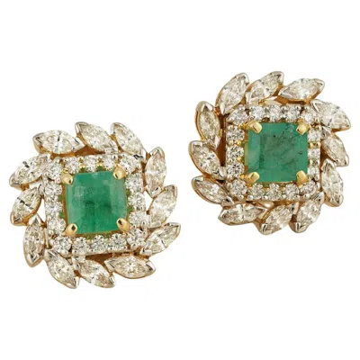 Pre-owned Moi Eden Emerald Gold And Diamond Ear Studs In Green