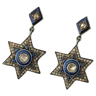 Pre-owned Moi Ezara Gold Silver Diamond And Sapphire Earrings In Blue