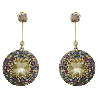 Pre-owned Moi Felix Gold Diamond Sapphire Ruby And Peridot Statement Earrings In Blue