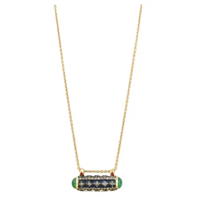 Pre-owned Moi Fira Gold Diamond Emerald And Blue Enamel Pendant Necklace In Green