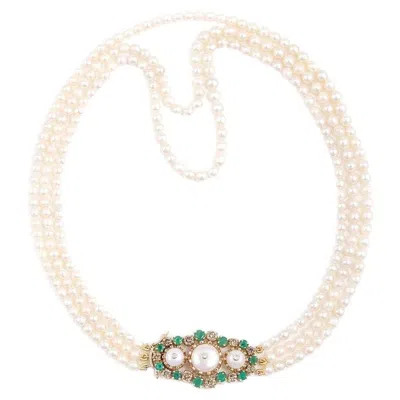 Pre-owned Moi Jackie Gold Champagne Diamond Emerald And Pearl Multilayered Necklace In Green