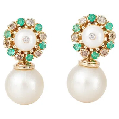 Pre-owned Moi Jackie Gold Champagne Diamond Emerald And South Sea Pearl Drop Earrings In Green