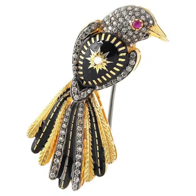 Pre-owned Moi Joya Gold Diamond And Black Enamel Brooch And Pendant
