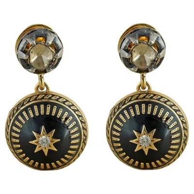 Pre-owned Moi Joya Gold Diamond And Black Enamel Earring