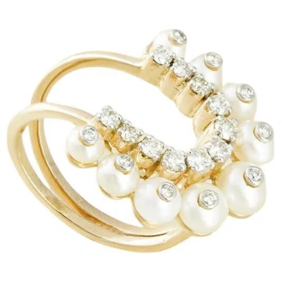 Pre-owned Moi Karlie Gold Diamond And Pearl Cocktail Ring In Multi