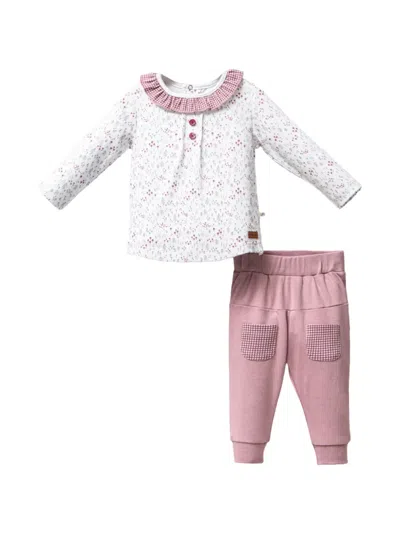 Moi Noi Babies' Mauve Flower Garden Ruffled Top And Trousers Set In Pink