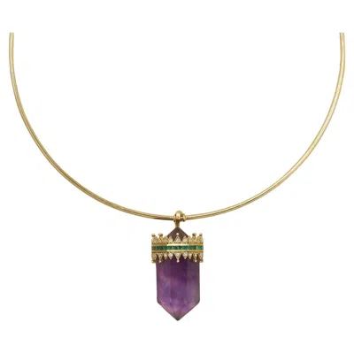 Pre-owned Moi Promise Gold Diamond Emerald And Purple Amethyst Torque Pendant Necklace