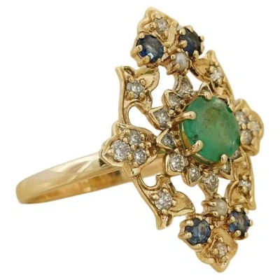Pre-owned Moi Raha Gold Diamond Emerald Sapphire And Pearl Ring In Green