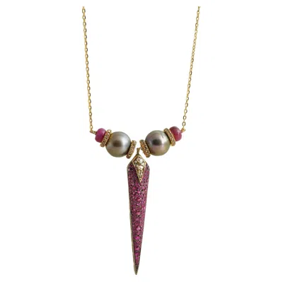 Pre-owned Moi Rosa Gold Tahitian Pearl Diamond And Ruby Pendant Necklace In Multi