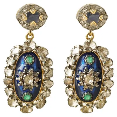 Pre-owned Moi Thea Gold Silver Diamond Emerald And Blue Sapphire Drop Earrings In Green