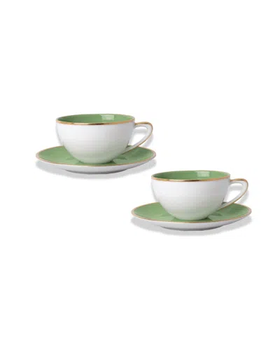 Mojjere Fine Porcelain Set Of 2 Tea Cups & Saucers In Green