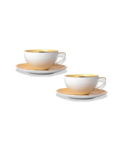 Mojjere Orange Fine Porcelain Set Of 2 Tea Cups & Saucers