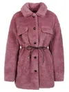 Molliolli Pink Faux Fur Jacket With Button Closure And Belt For Women In Pink