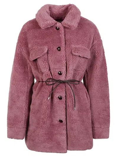 MOLLIOLLI PINK FAUX FUR JACKET WITH BUTTON CLOSURE AND BELT FOR WOMEN