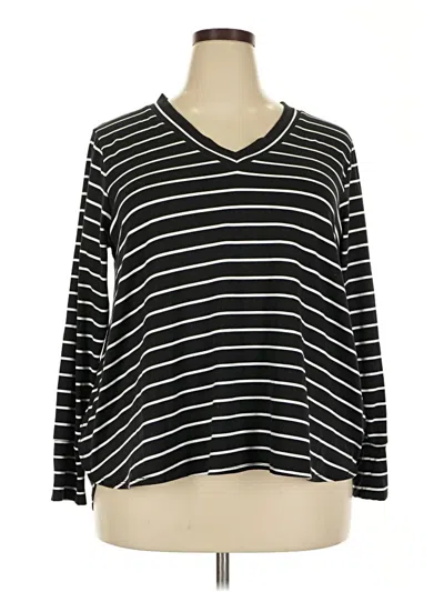 Pre-owned Molly & Isadora Long Sleeve Top Black Stripes Pattern V-neck Tops
