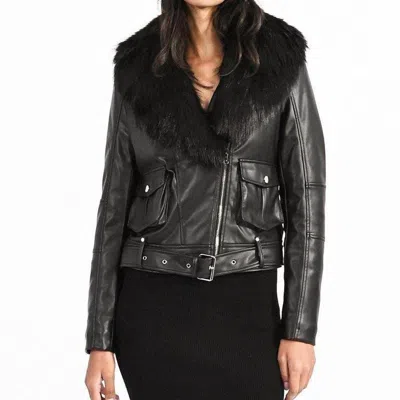 Molly Bracken Faux Leather Moto Jacket With Faux Fur Collar In Black