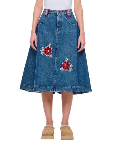 Molly Goddard A-line Denim Midi Skirt With Decorative Embroidery And Distinctive Piping In Blue