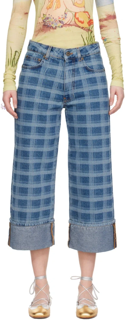 Molly Goddard Leo Cropped Checked High-rise Straight-leg Jeans In Blue